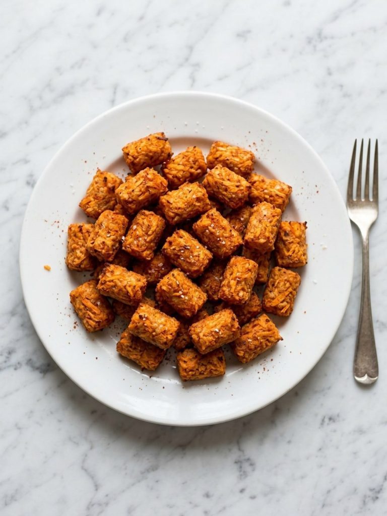 A white plate filled with crispy golden baked sweet potato tater tots seasoned with smoked paprika