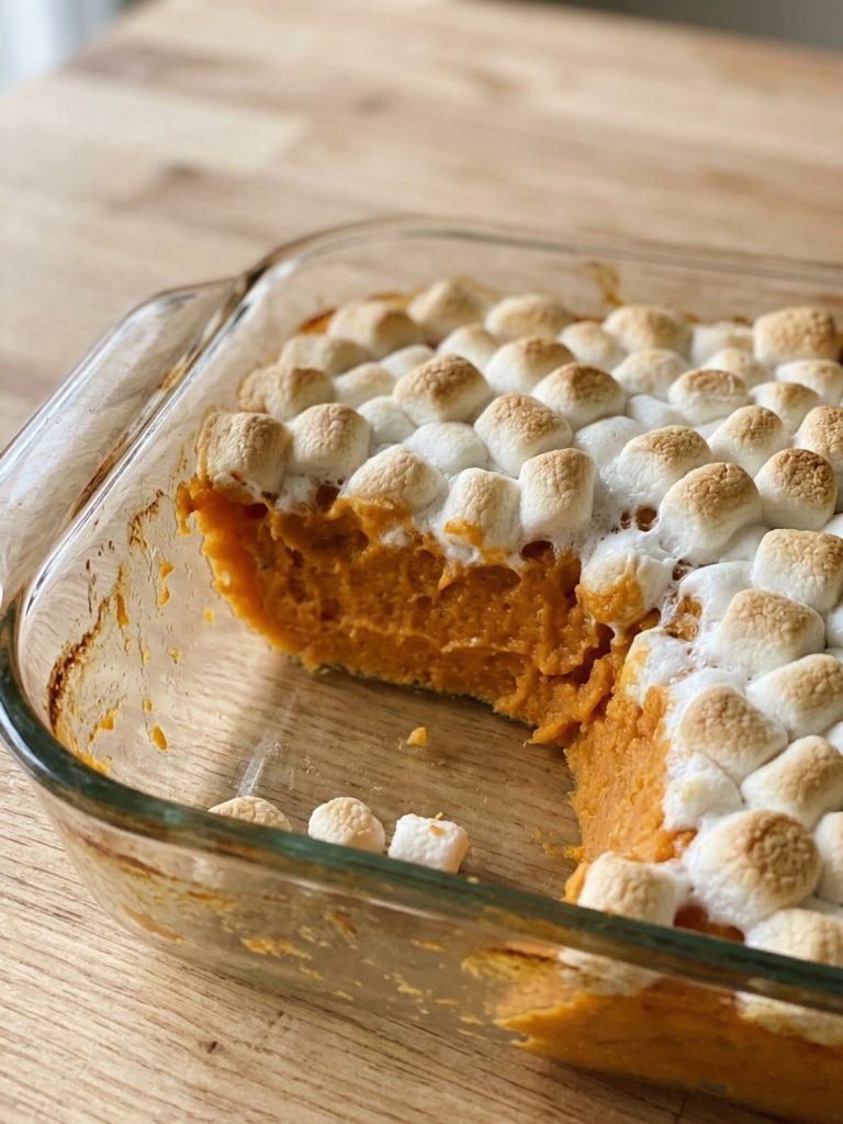 Close side view of golden mini marshmallows over creamy orange sweet potato filling.