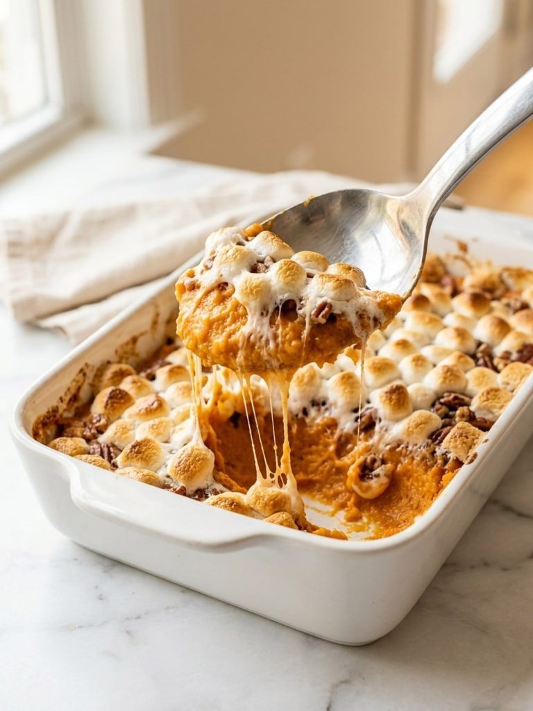 Close side view of a serving spoon lifting sweet potato casserole from the dish, golden toasted mini marshmallows stretching and the creamy filling showing underneath