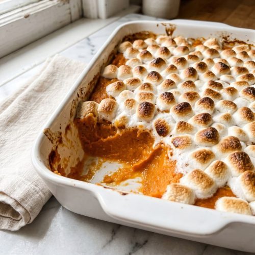 Sweet potato casserole with a golden toasted mini marshmallow top in a white baking dish, one corner served out to show the creamy orange filling