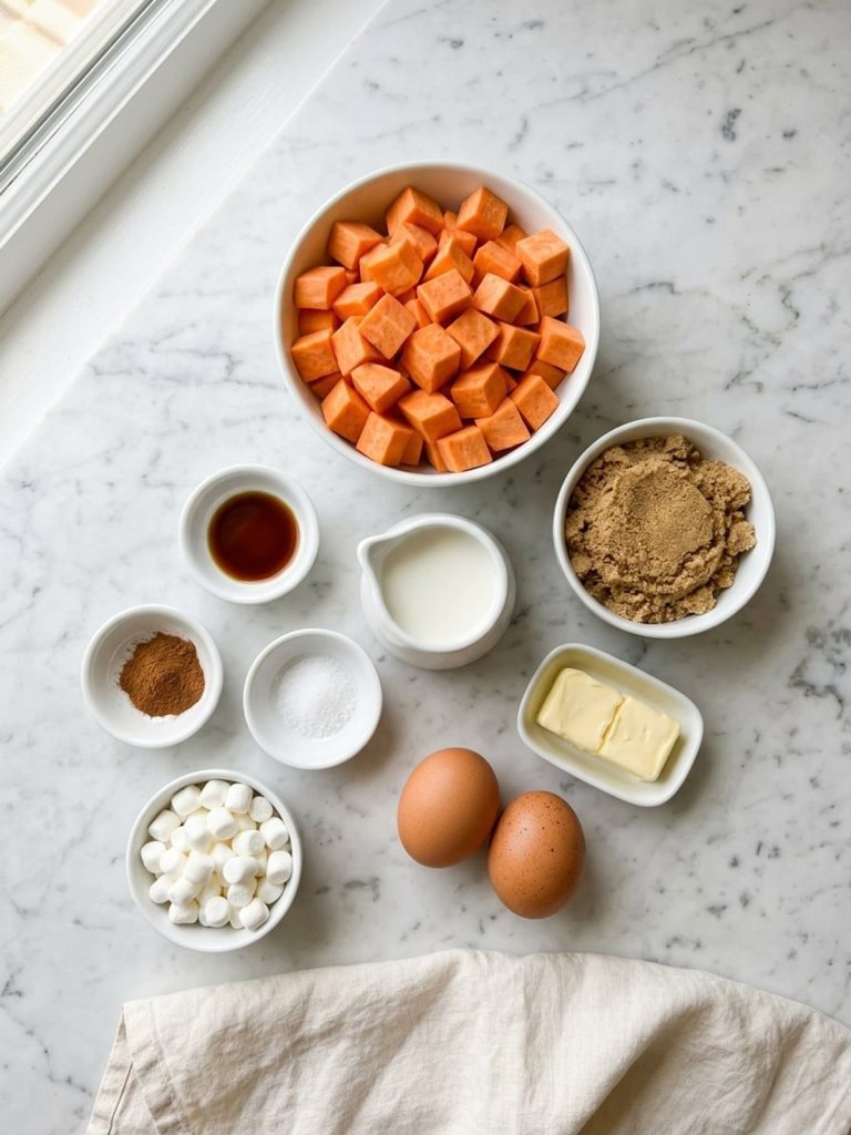 Overhead flat lay of cubed sweet potatoes, milk, brown sugar, butter, two eggs, vanilla, cinnamon, salt and a bowl of mini marshmallows on white marble