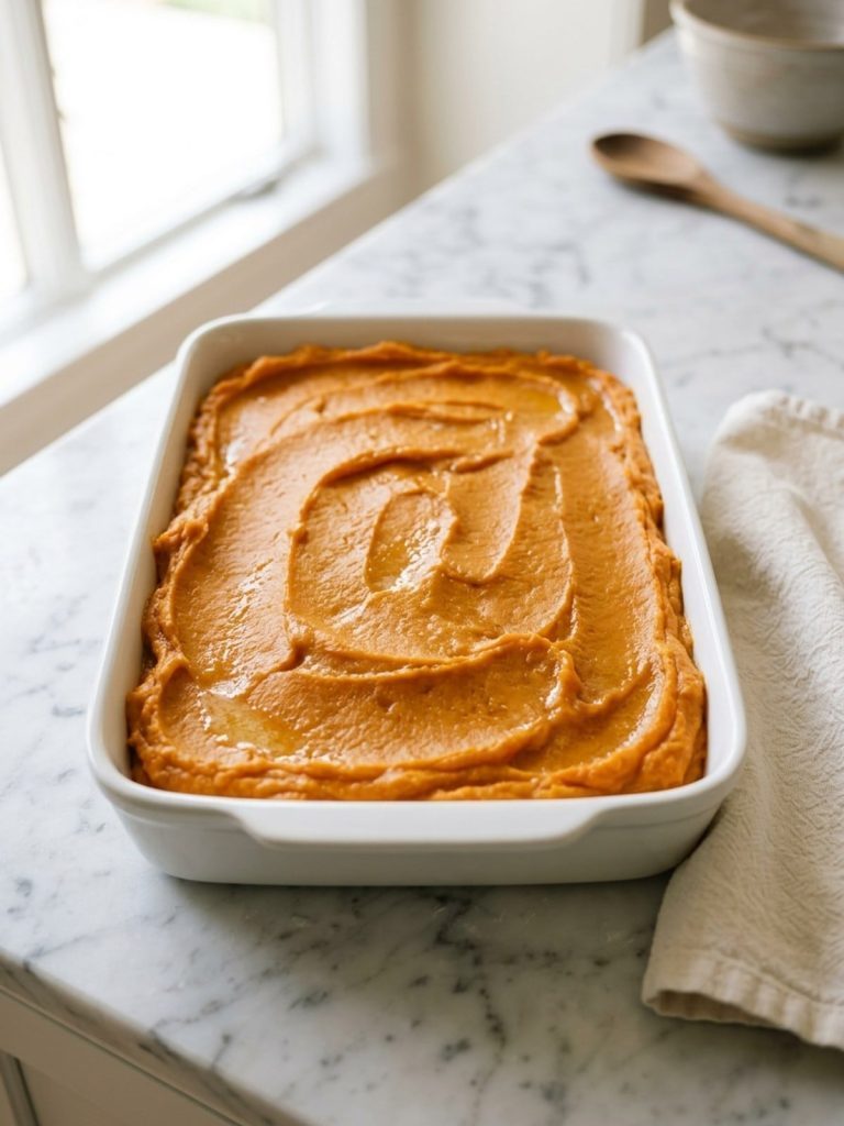 Mashed sweet potato filling spread evenly in a 9x13 baking dish, smooth and creamy, before the marshmallows are added