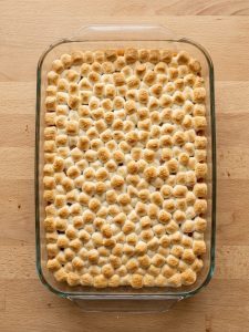 Step 5: Puffed, golden mini marshmallows cover the baked sweet potato filling without gaps.