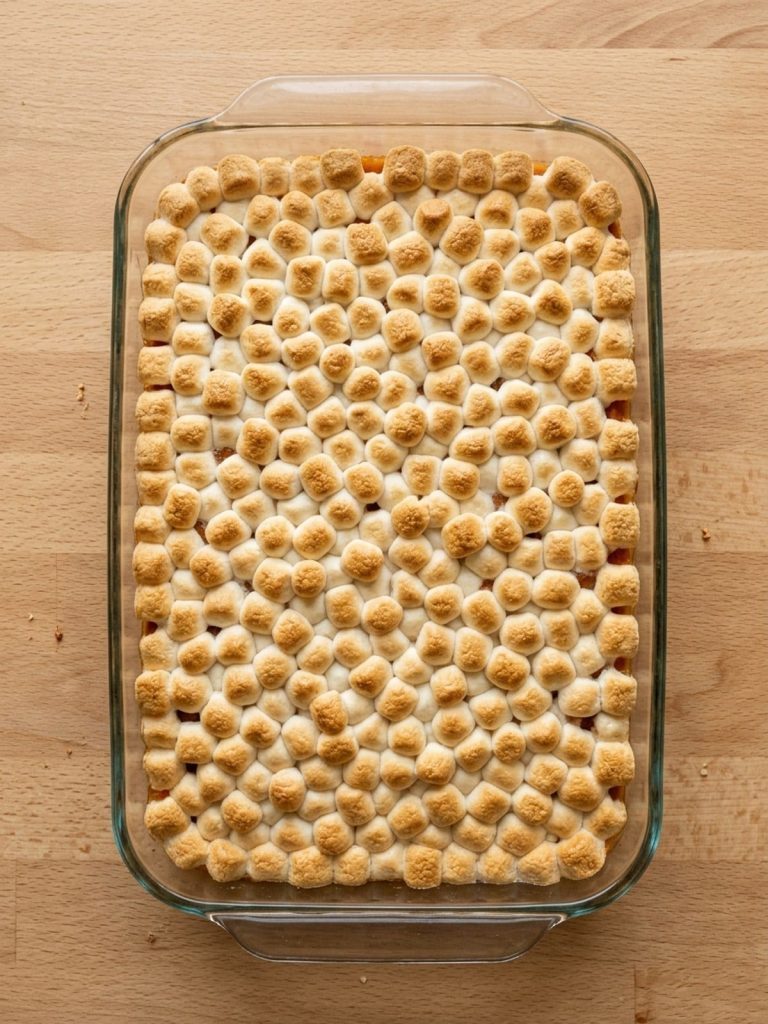 Step 5: Puffed, golden mini marshmallows cover the baked sweet potato filling without gaps.