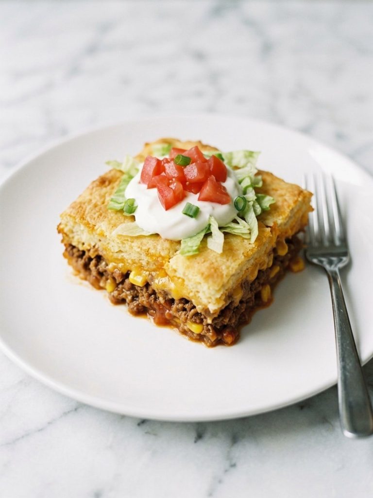 A square of taco bake on a plate topped with sour cream, chopped tomato and shredded lettuce