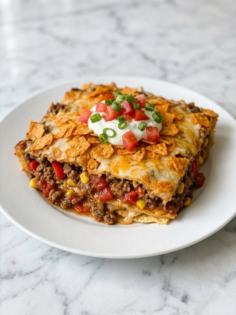 A plate of Doritos taco bake topped with sour cream, diced tomatoes and green onion