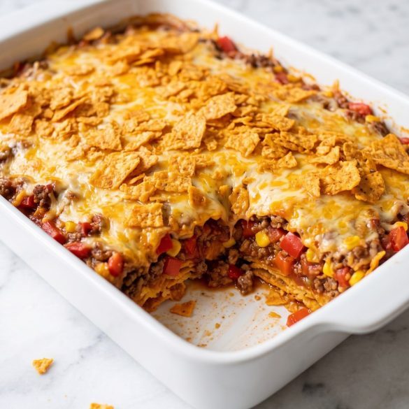 Taco bake with a crunchy crushed Doritos and melted cheese top in a baking dish