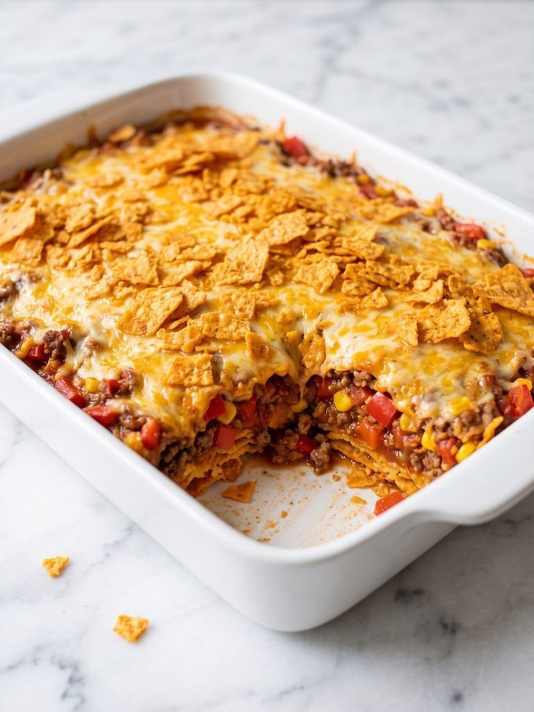 Taco bake with a crunchy crushed Doritos and melted cheese top in a baking dish