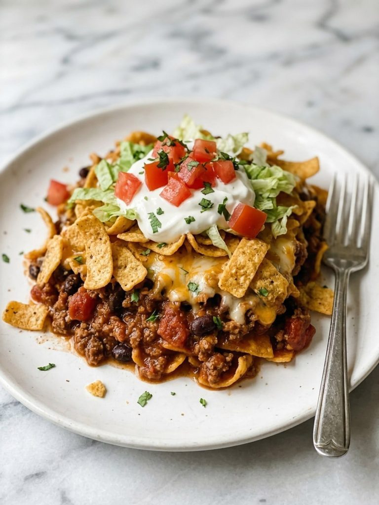 Close view of a serving of Frito taco casserole with sour cream and tomatoes on a white plate