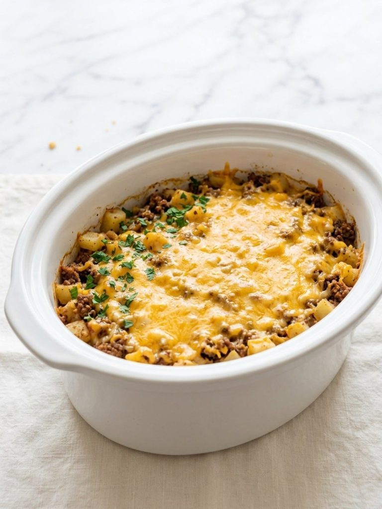 Taco hashbrown casserole with melted cheese in a slow cooker crock