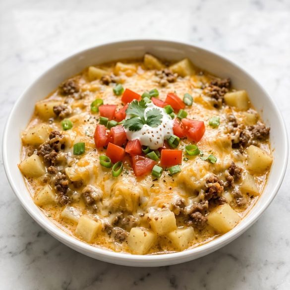 A bowl of cheesy taco hashbrown casserole topped with diced tomatoes, sour cream and green onions