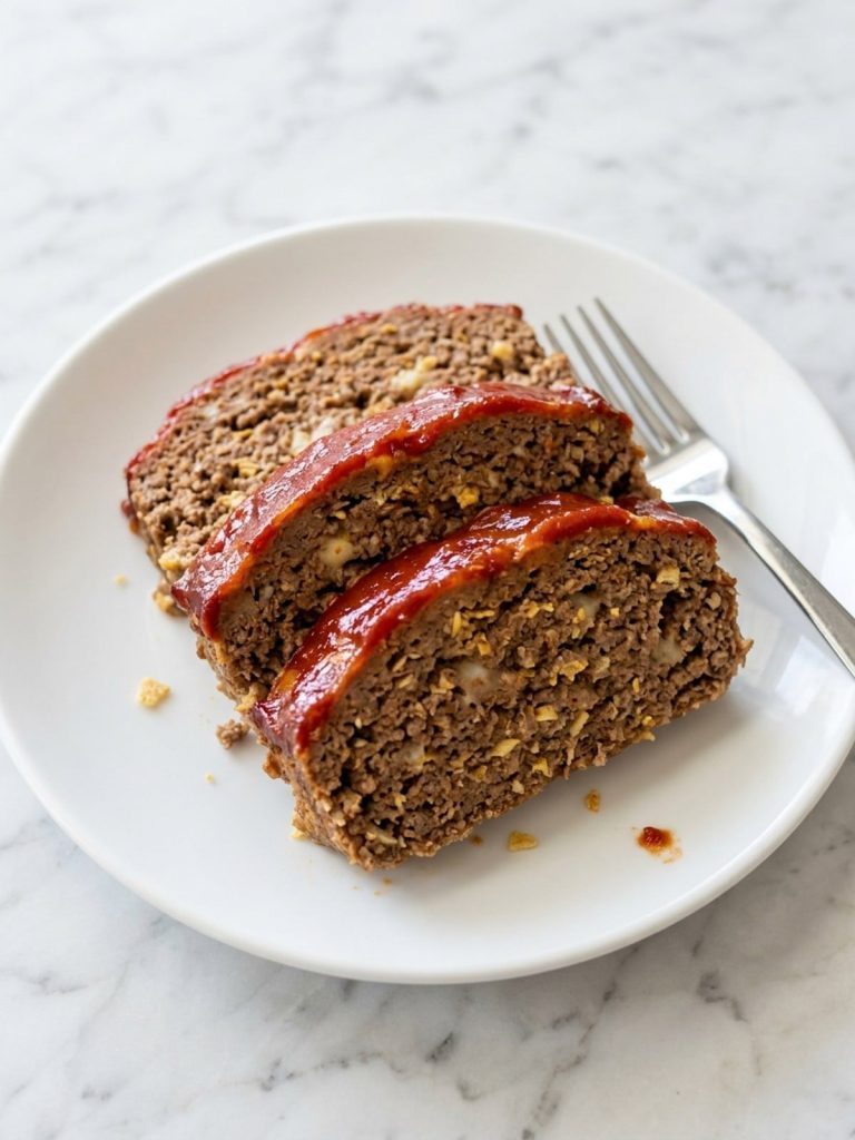 A white plate filled with three thick slices of taco meatloaf with red taco sauce on top