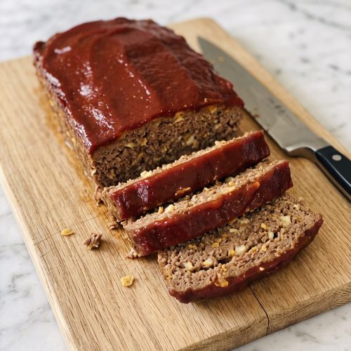 A sliced taco meatloaf with a red taco sauce top on a wooden board