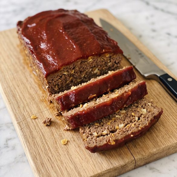 A sliced taco meatloaf with a red taco sauce top on a wooden board