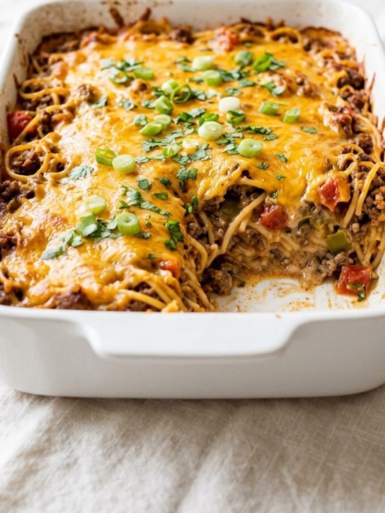 A 9x13 dish of taco spaghetti bake with a golden cheddar top and a portion served out