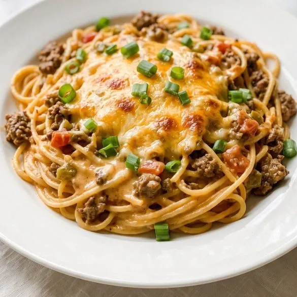 A serving of creamy baked taco spaghetti with ground beef and melted cheddar on a plate