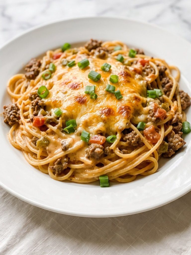 A serving of creamy baked taco spaghetti with ground beef and melted cheddar on a plate