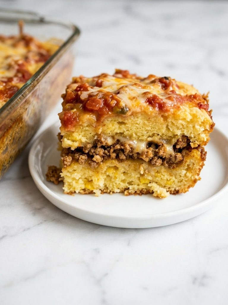 Close side view of the tender corn-muffin layers around turkey and cheese beneath salsa