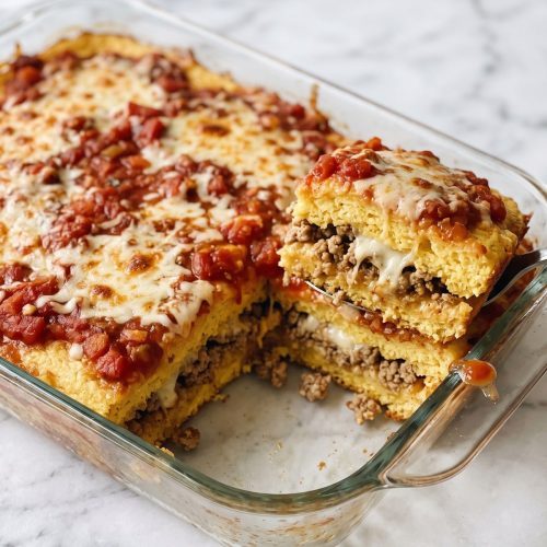 A scoop of tamale casserole showing corn-muffin layers, ground turkey filling, salsa and melted cheese