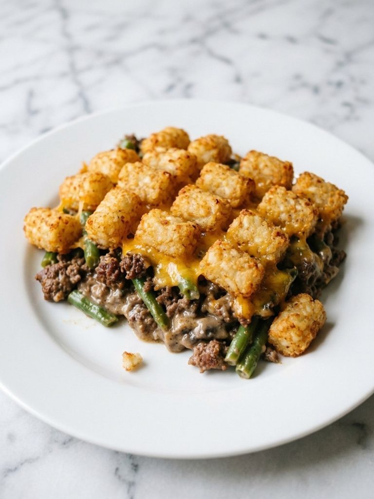 A plate of tater tot casserole with crispy tots over beef, green beans and cheese