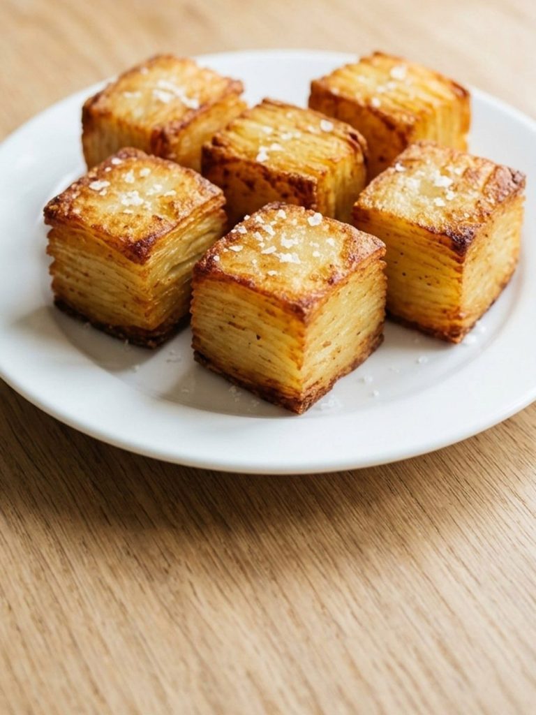 Fried thousand layer potato squares showing their thin layers