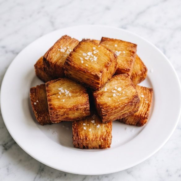Crispy golden thousand layer potato squares with flaky salt on a plate