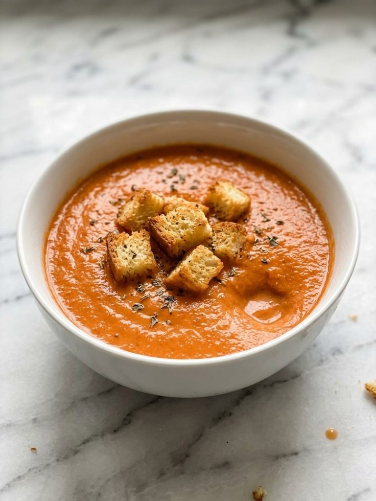 A full bowl of smooth tomato bisque with crisp croutons