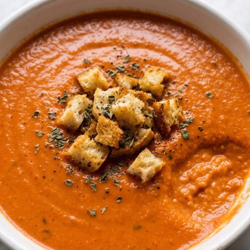 A bowl of creamy tomato bisque topped with golden sourdough croutons