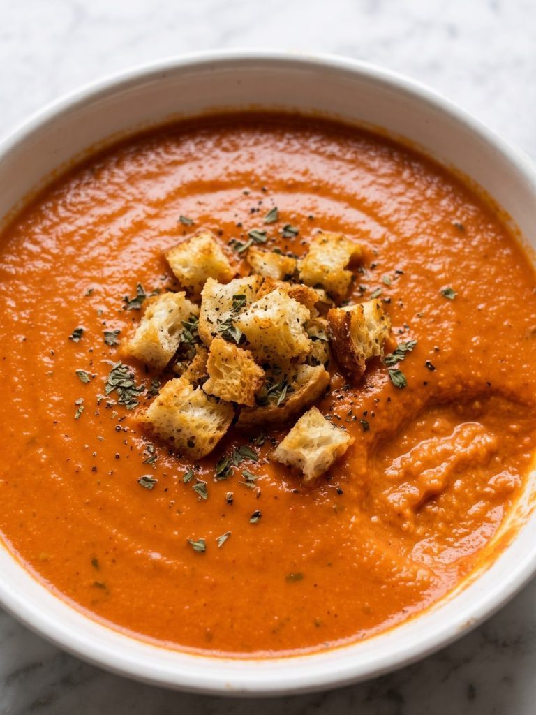 A bowl of creamy tomato bisque topped with golden sourdough croutons