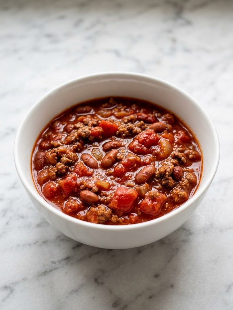 A white bowl of thick tomato juice chili with ground beef, diced tomatoes and chili beans