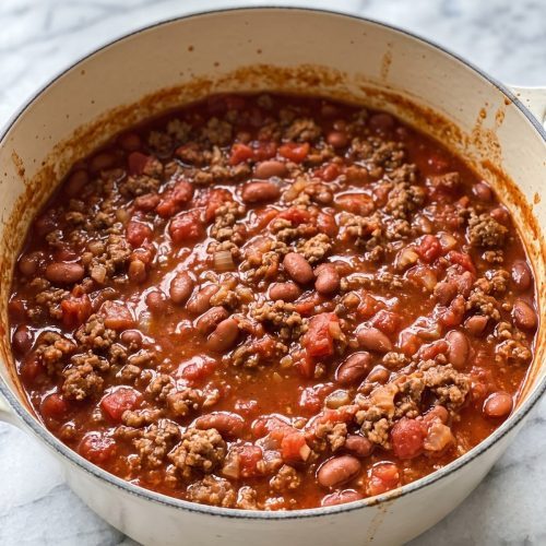 A cream Dutch oven of bright red tomato juice chili with ground beef, diced tomatoes and chili beans