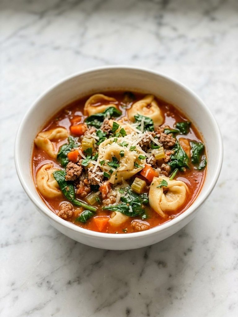A bowl of tortellini soup with ground beef and spinach topped with Parmesan