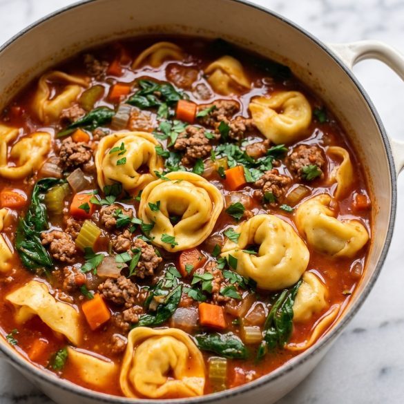 A pot of tomato tortellini soup with ground beef, spinach and carrots