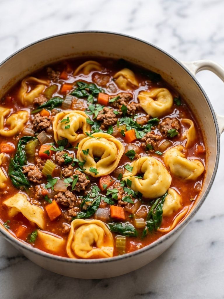 A pot of tomato tortellini soup with ground beef, spinach and carrots