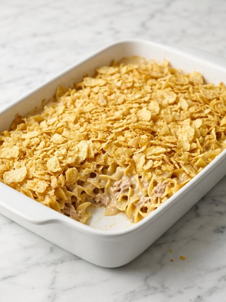 Tuna noodle casserole with a golden potato chip crust in a 13x9 dish