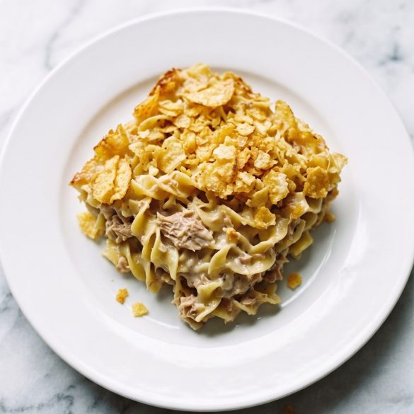 A serving of tuna noodle casserole with a golden crushed potato chip topping on a plate