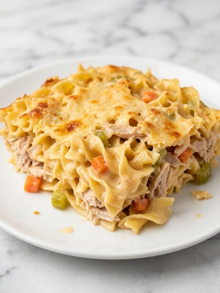 A plate of creamy turkey noodle casserole with cheddar sauce