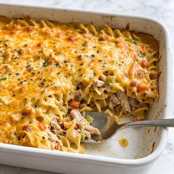 A 9x13 dish of turkey noodle casserole with melted cheddar on top