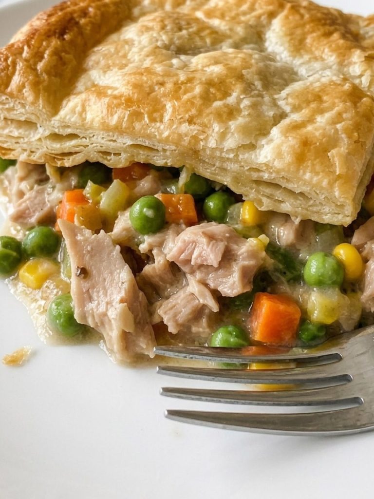 A serving of turkey pot pie casserole on a plate with flaky crust over creamy turkey and vegetables