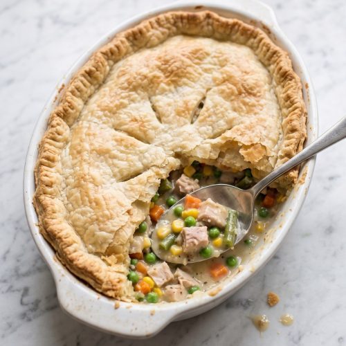 Turkey pot pie casserole with a golden pie crust in a white baking dish, one serving scooped out to show the creamy filling