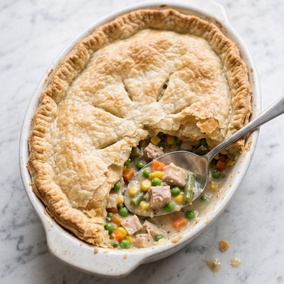 Turkey pot pie casserole with a golden pie crust in a white baking dish, one serving scooped out to show the creamy filling