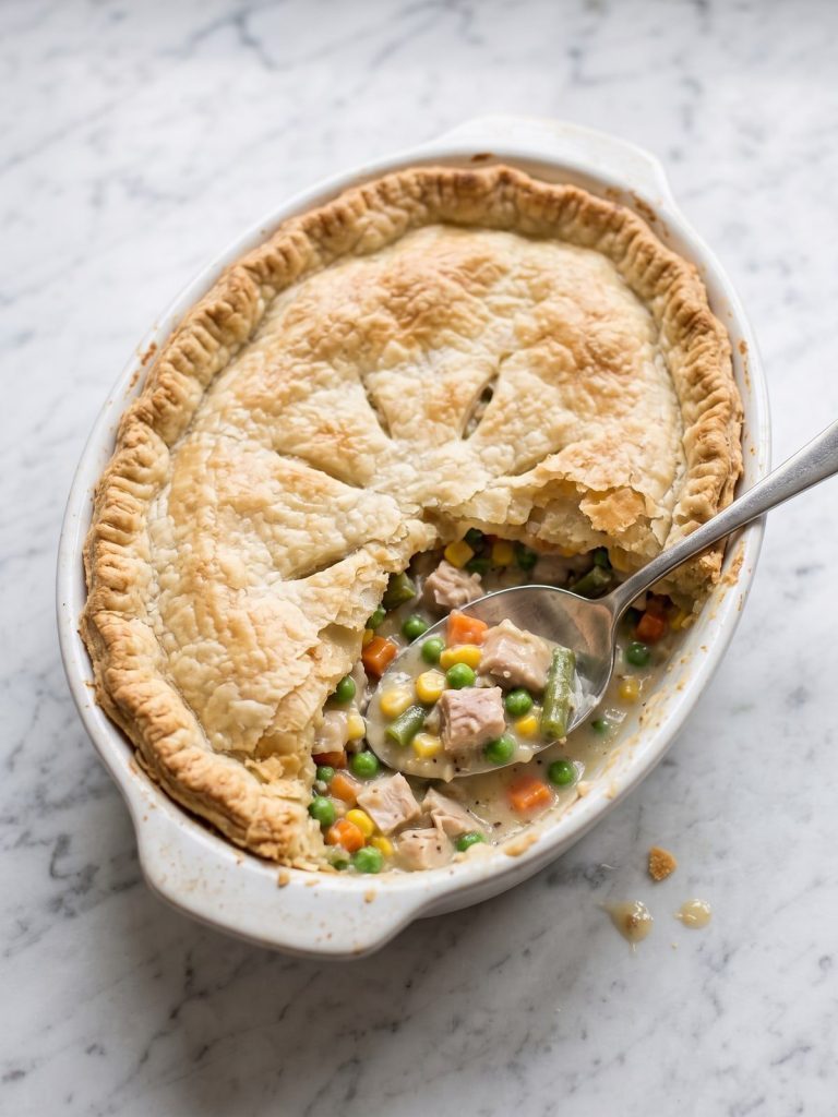 Turkey pot pie casserole with a golden pie crust in a white baking dish, one serving scooped out to show the creamy filling
