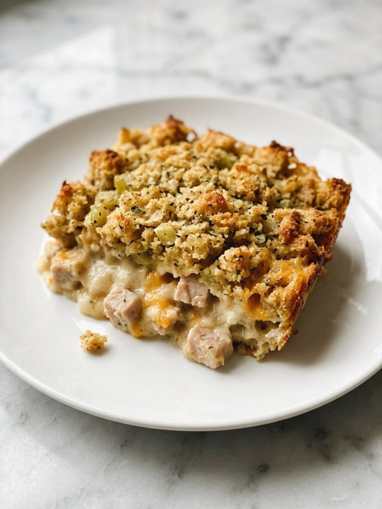 Close view of one served portion showing golden stuffing above creamy turkey and cheddar