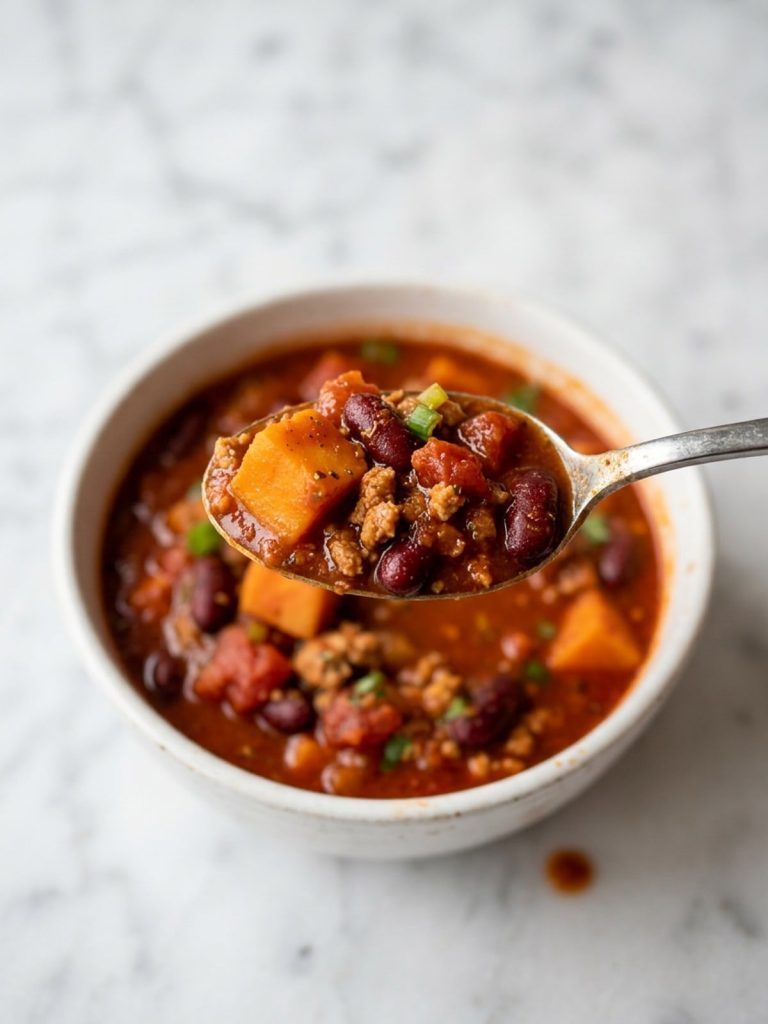 Close view of a spoonful of chili with tender sweet potato cubes and kidney beans