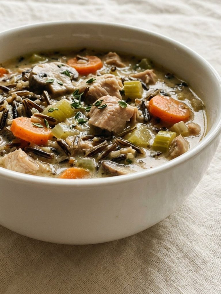 Close-up of turkey wild rice soup with mushrooms and carrots in a small bowl