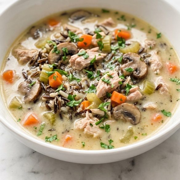 A bowl of creamy turkey wild rice soup with carrots, celery and mushrooms