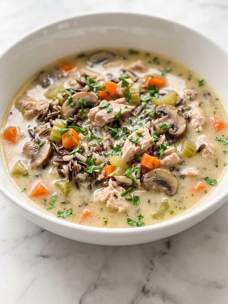 A bowl of creamy turkey wild rice soup with carrots, celery and mushrooms