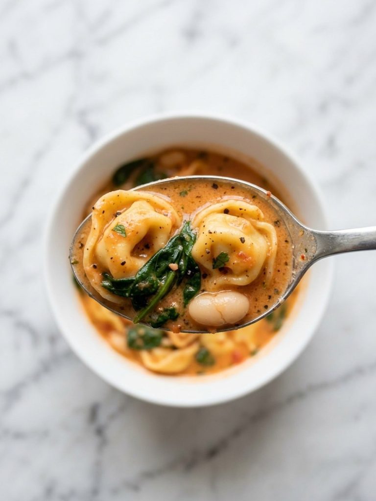 Close view of a spoonful of creamy tomato broth with cheese tortellini and spinach