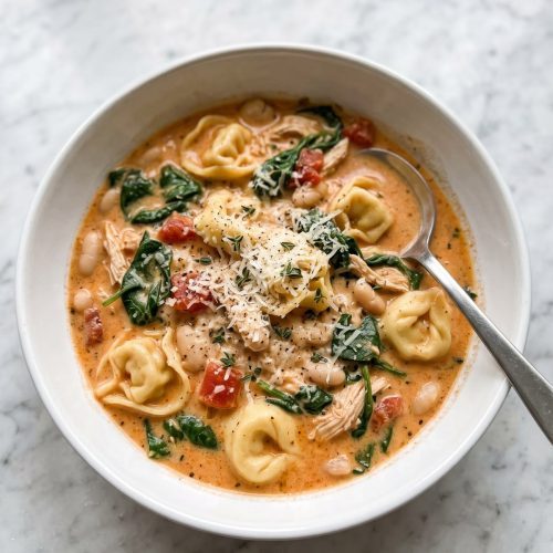 A bowl of creamy tomato soup with cheese tortellini, spinach, white beans and shredded chicken topped with Parmesan
