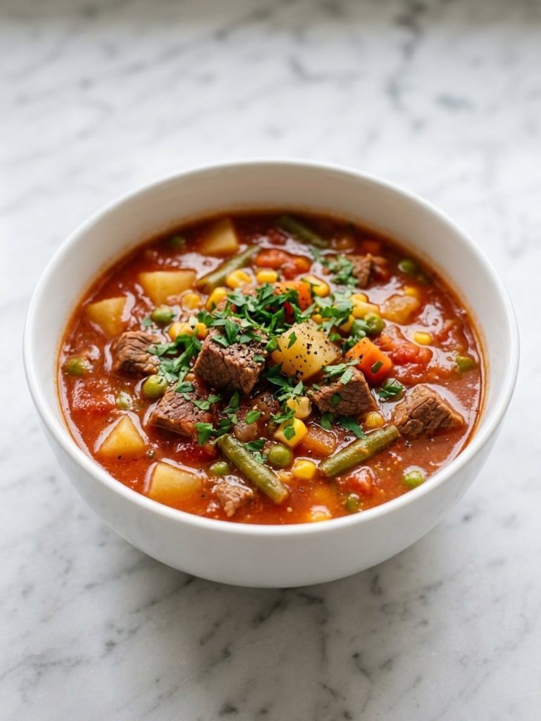 A bowl of vegetable beef soup with tender beef cubes and vegetables
